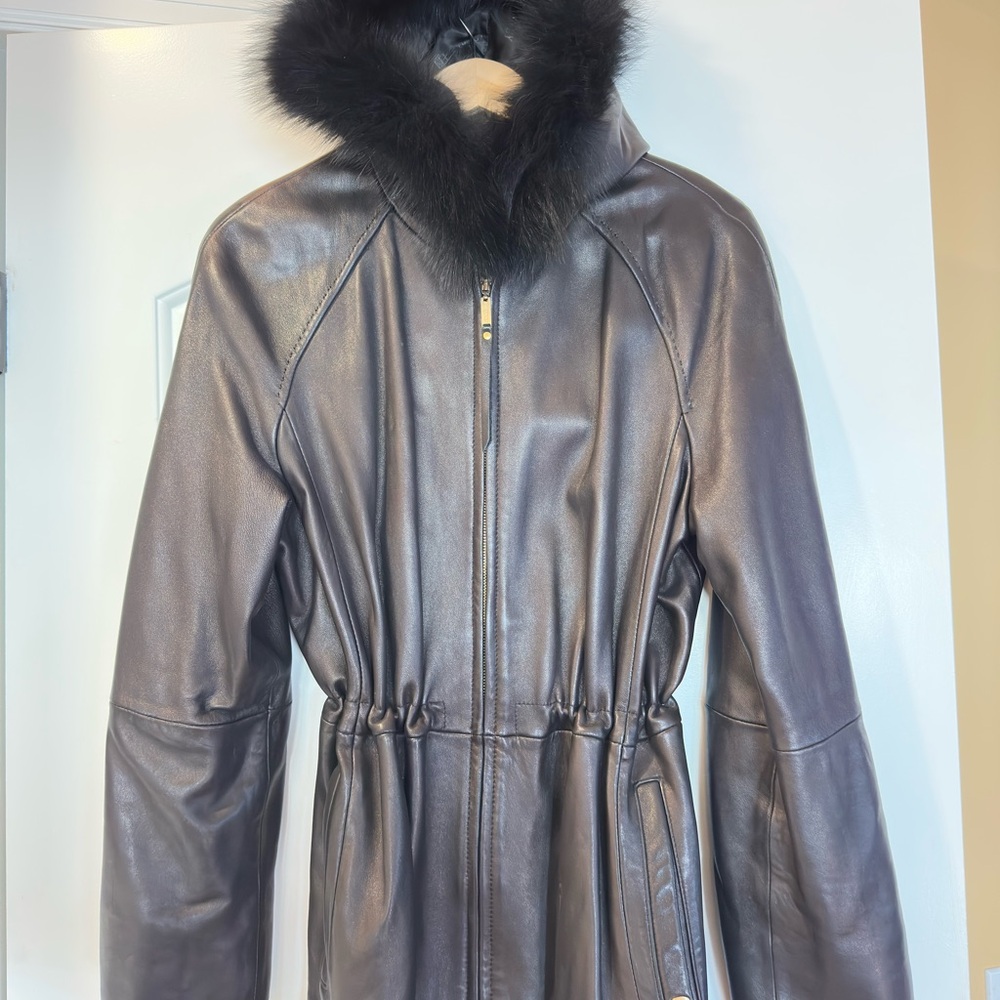 Ellen Tracy Black Leather Jacket with Fur Collar